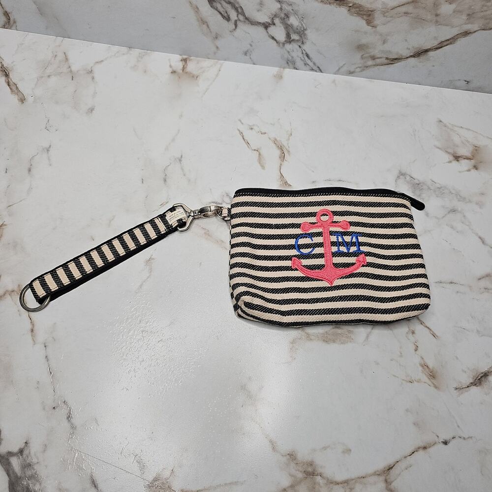 Thirty One twill stripe mini zipper pouch & hang it up key fob wristlet strap